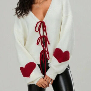 Red Casual Women's Cardigan Heart Pattern Tie-Up Front Long Sleeve Knit Sweater